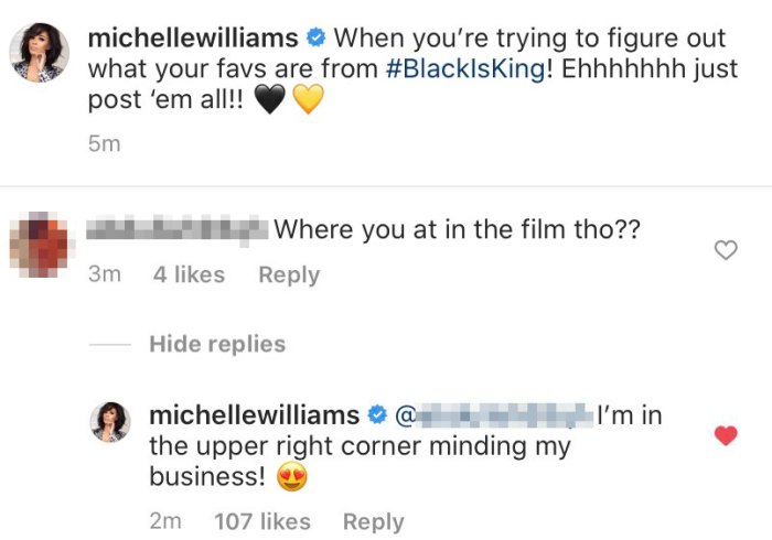 Michelle Williams Claps Back After Fan Asks Why Shes Not in Black Is King