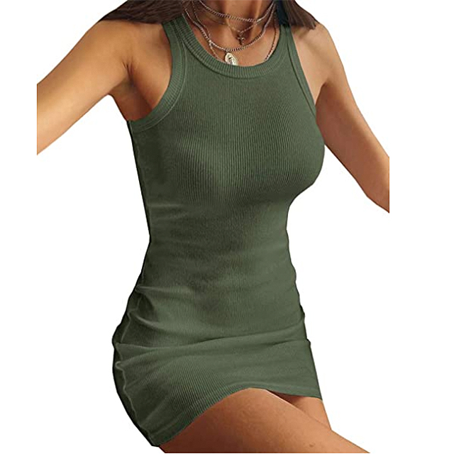 Umeko Women's Stretch Round Neck Ribbed Tank Dress (Army Green)