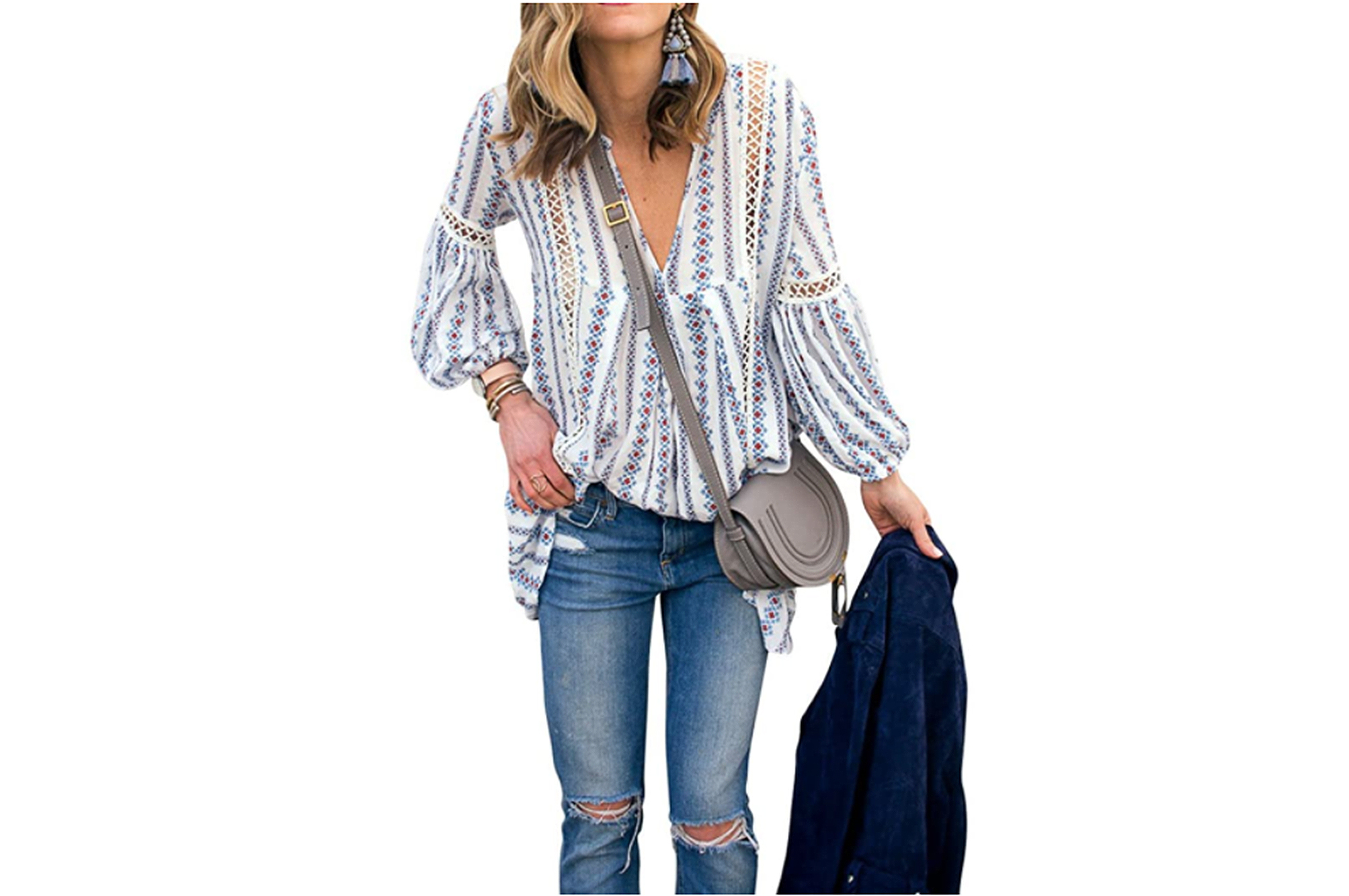 ZXZY Women's Long Sleeve V Neck Hollow Out Floral Top