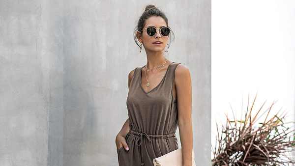Longwu Casual V-Neck Side Slip Drawstring Midi Dress