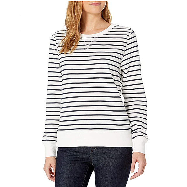 Amazon Essentials Women's French Terry Fleece Crewneck Sweatshirt (White With Navy Stripes)