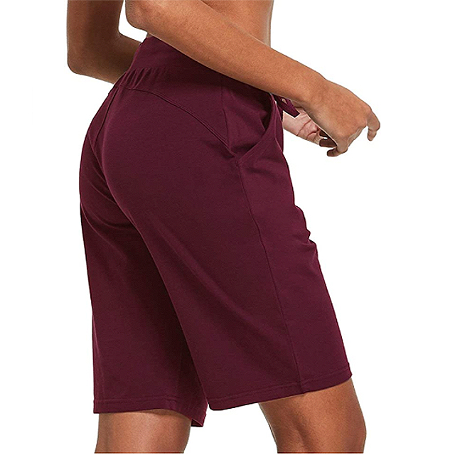 BALEAF Women's 10" Long Cotton Lounge Bermuda Jersey Shorts (Wine Red)
