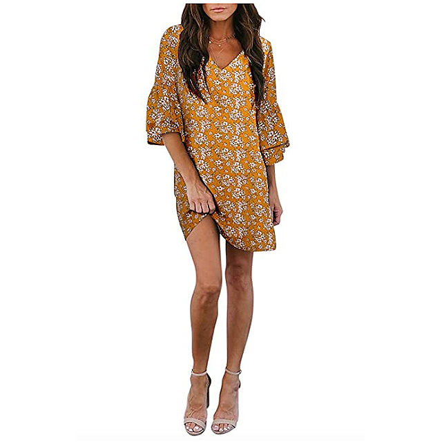 BELONGSCI Women's V-Neck Bell Sleeve Shift Dress