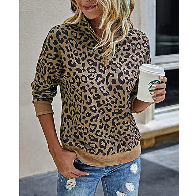BTFBM Women's Leopard Print Long Sleeve Comfy Zip Up Pullover (Khaki)