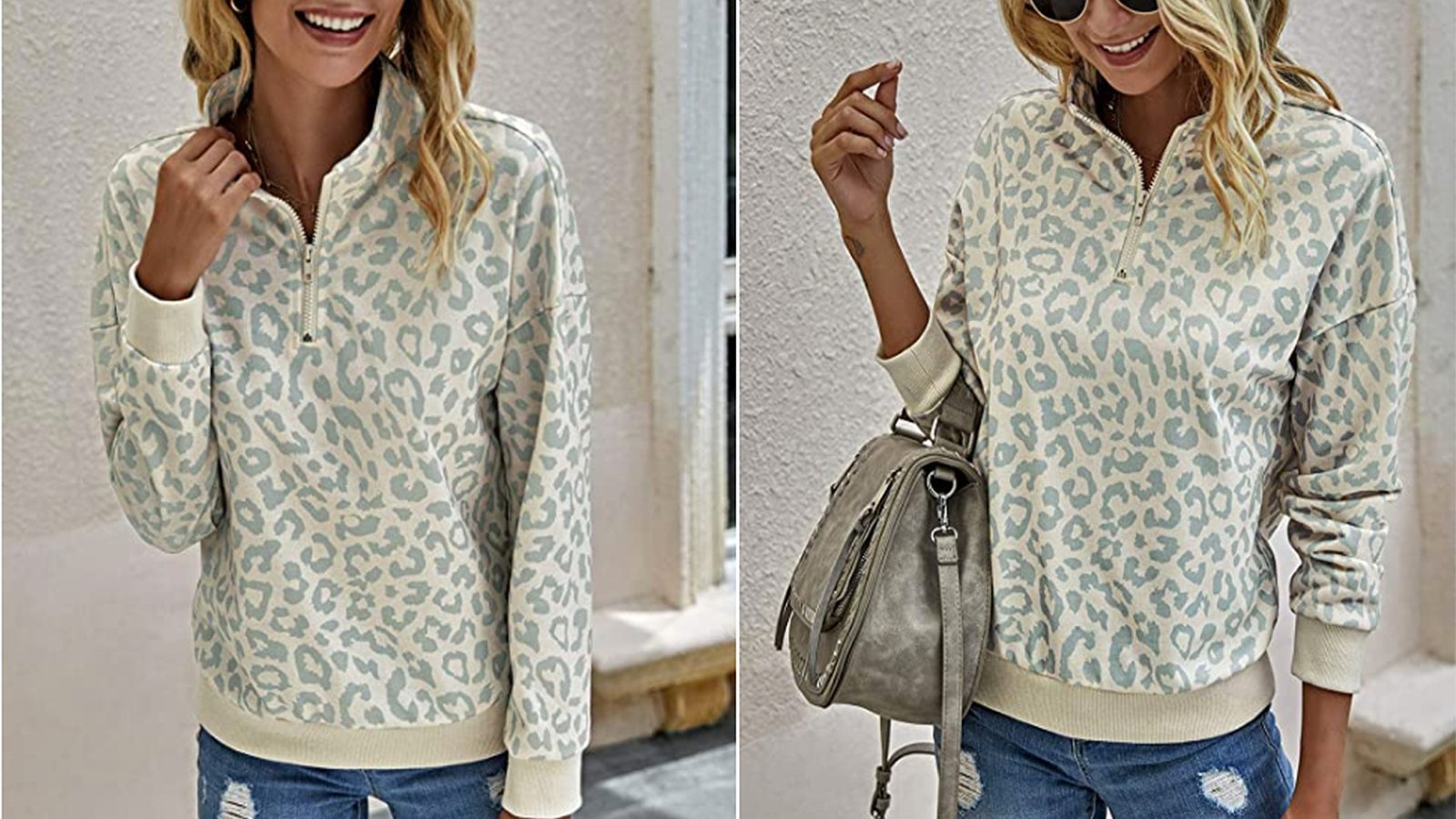 BTFBM Women's Leopard Print Long Sleeve Comfy Zip Up Pullover