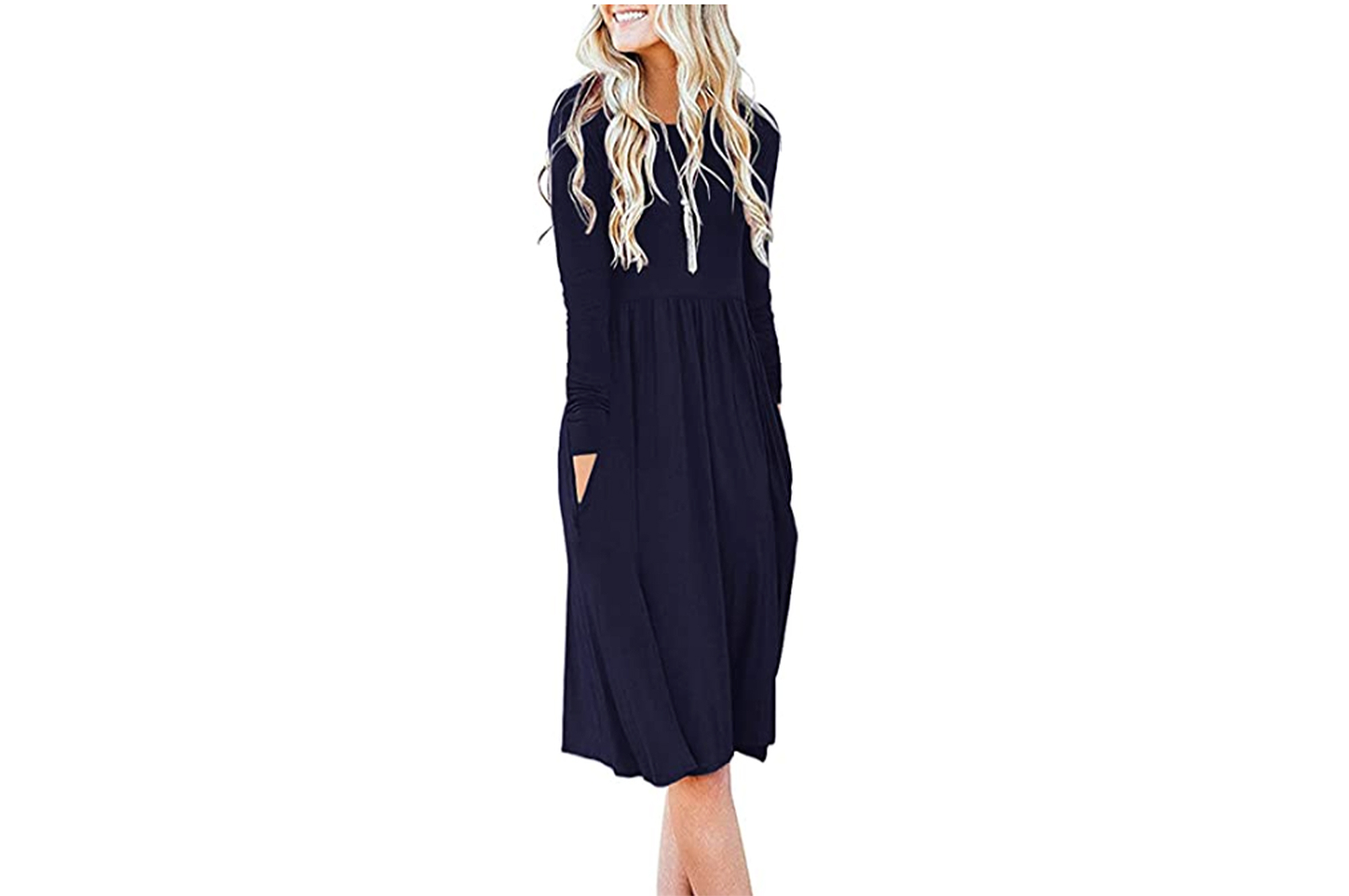 DB MOON Women Casual Long Sleeve Empire Waist Loose Dress with Pockets