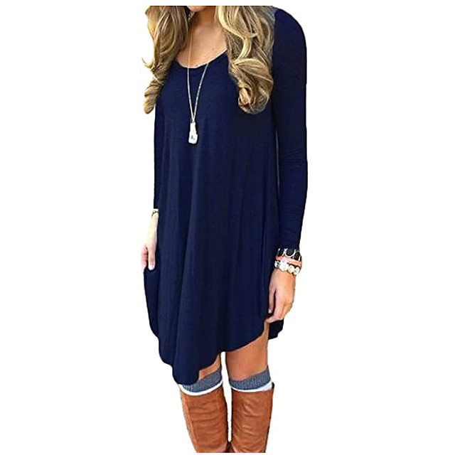 DEARCASE Women's Long Sleeve Casual Loose T-Shirt Dress (Navy Blue)