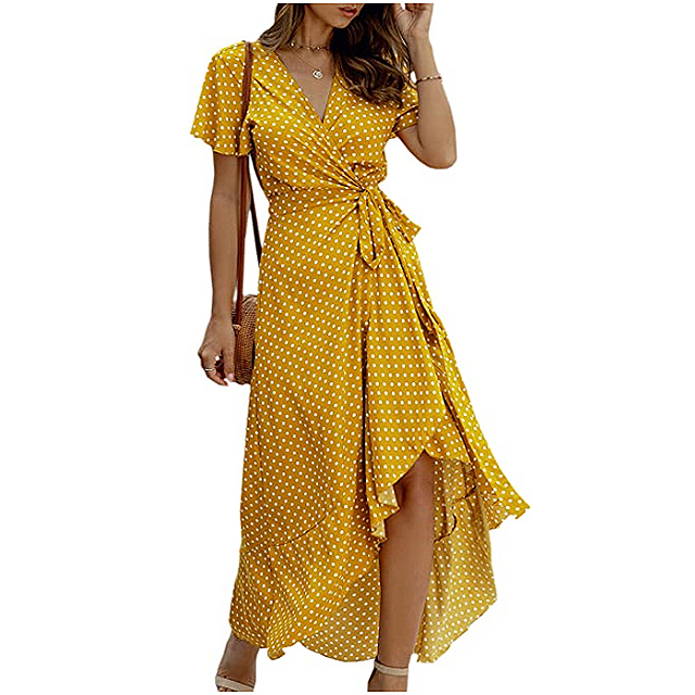 ECOWISH Women's Bohemian Wrap V Neck Short Sleeve High Split Maxi Dress