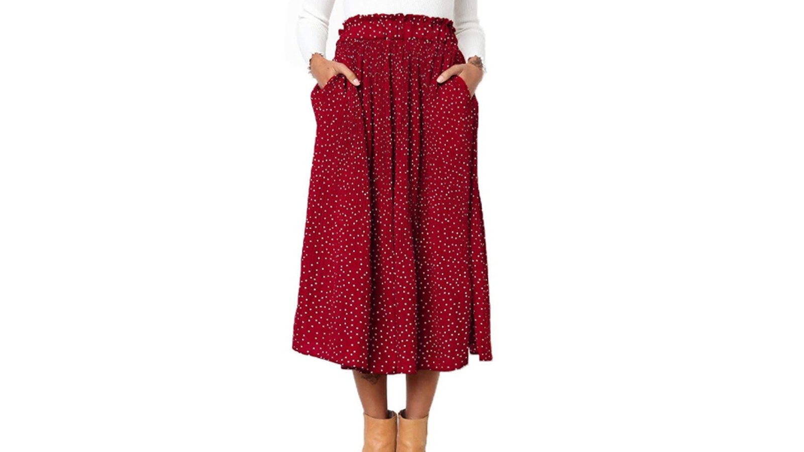 Exlura Women's High Waist Pleated Midi Maxi Swing Skirt with Pockets (Red)