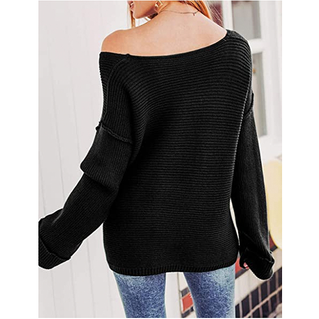 Glamaker Women's Oversized V-Neck Off Shoulder Sweater (Black)