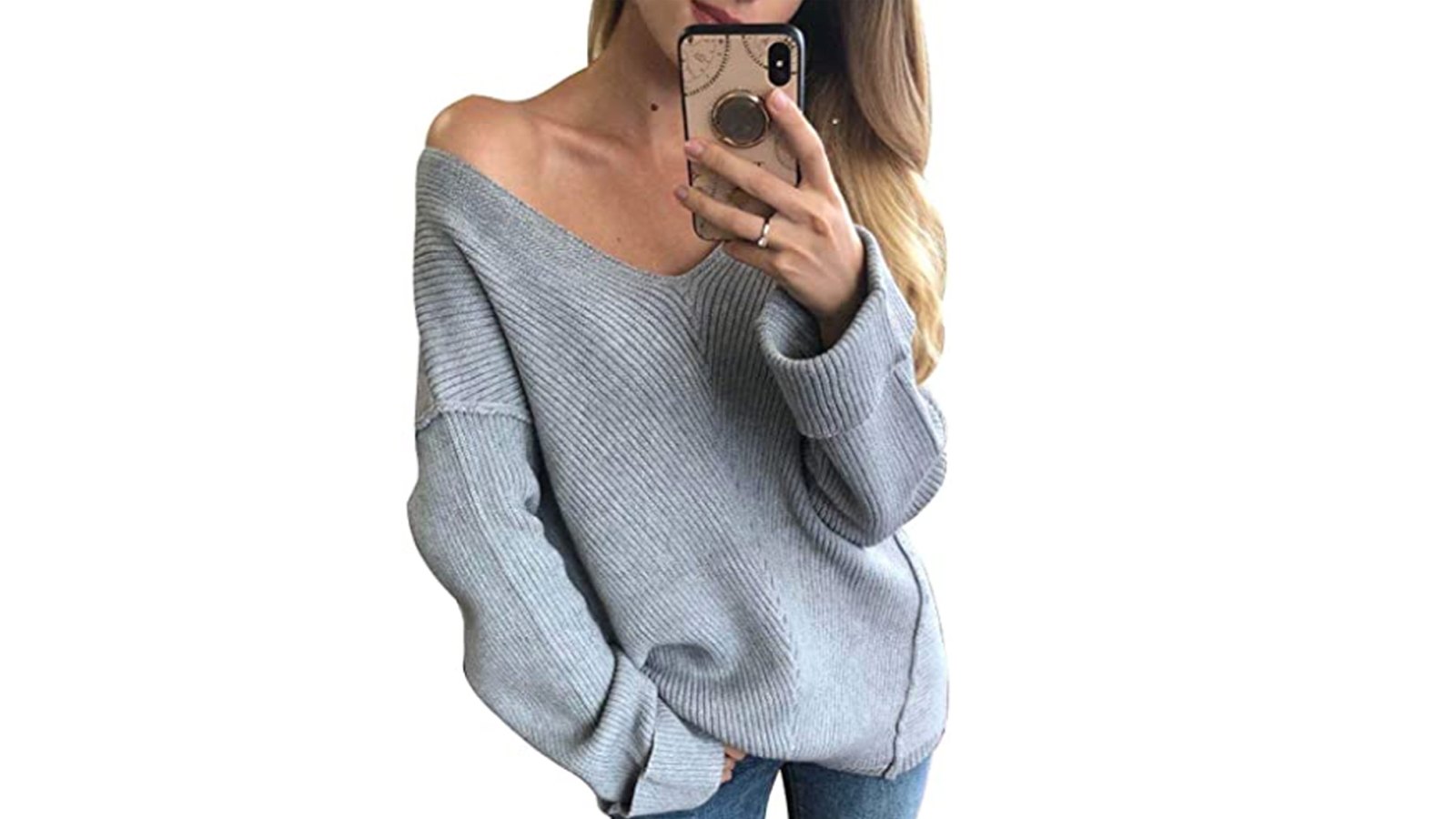 Glamaker Women's Oversized V-Neck Off Shoulder Sweater
