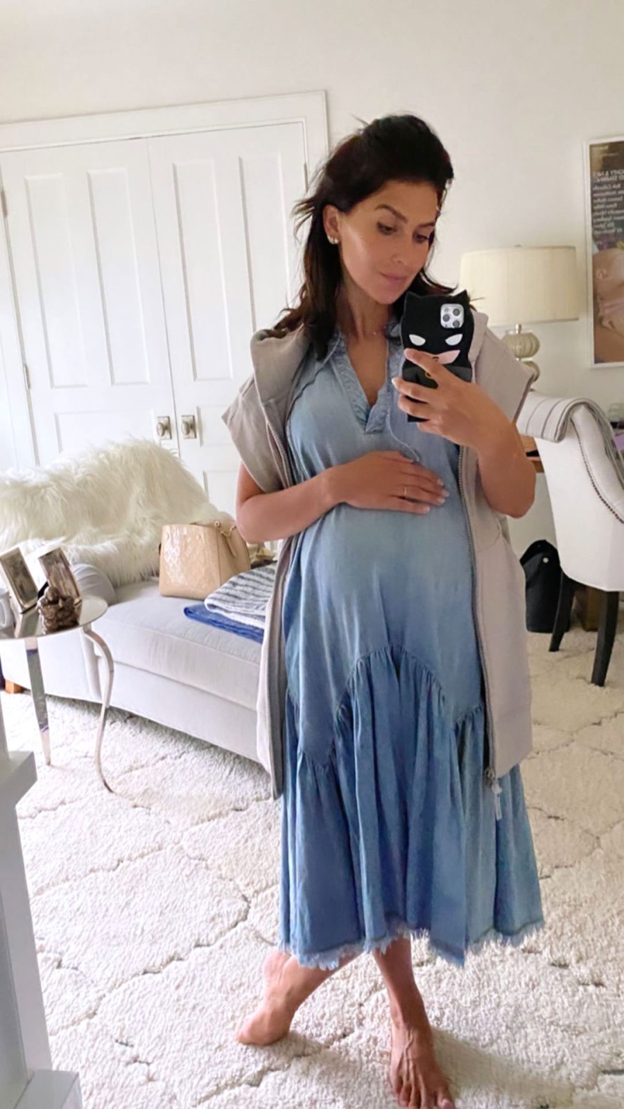 Hilaria Thomas Baldwin Baby Bump Denim Dress