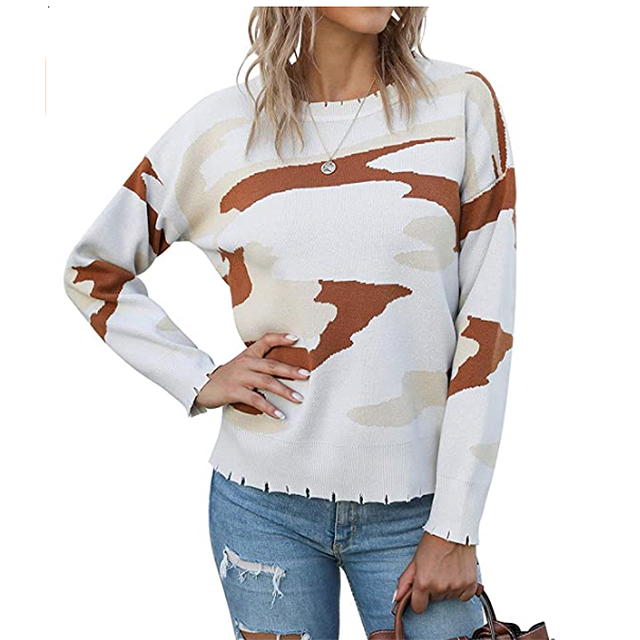 KIRUNDO 2020 Women’s Winter Camouflage Printed Knitted Sweater (Apricot)