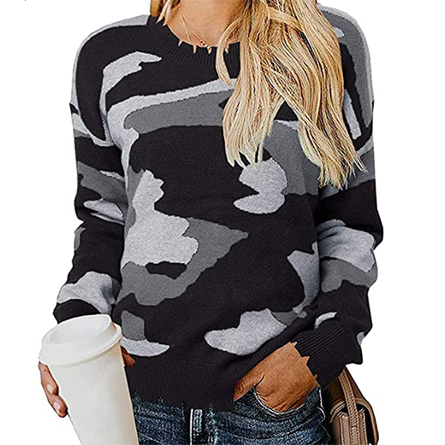 KIRUNDO 2020 Women’s Winter Camouflage Printed Knitted Sweater (Black)