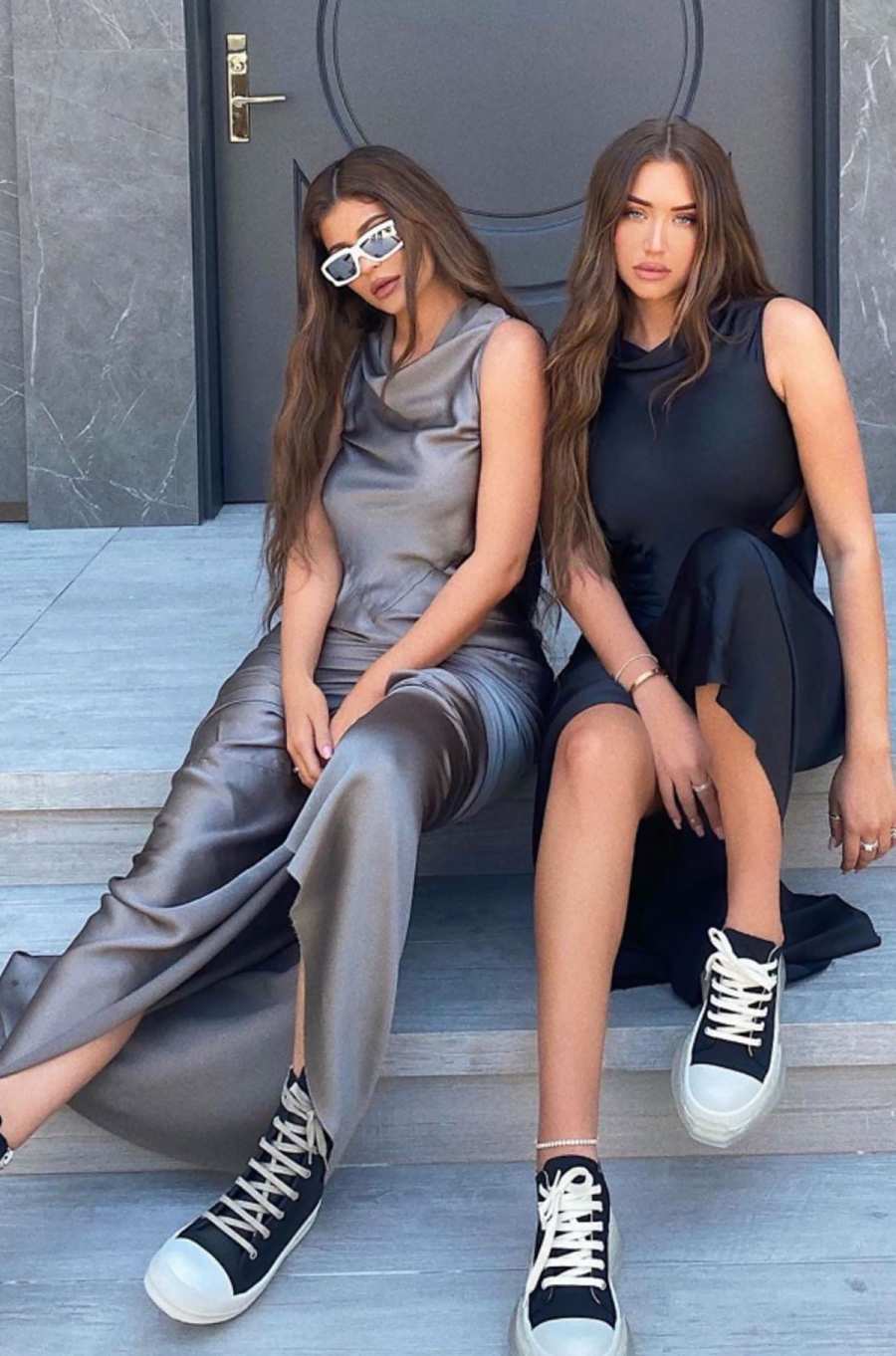 Kylie Jenner and BFF Stassie Twin in Silk Dresses and Converse Sneakers