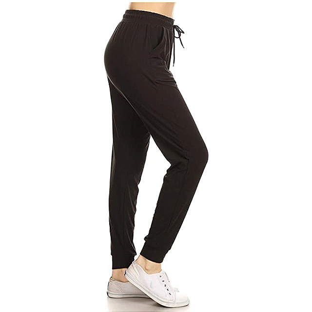 Leggings Depot Women's Printed Solid Activewear Jogger Track Cuff Sweatpants (Black)