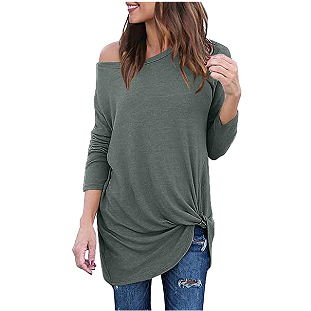 Lookbook Store Women's Casual Soft Long Sleeve Side Twist Knit Top (Greyish Green)