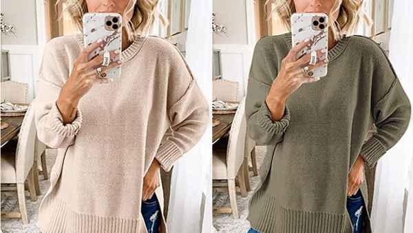 MEROKEETY Women's Casual Crew Neck Side Split Pullover Sweater