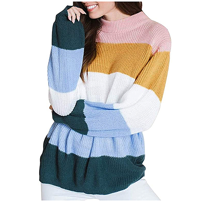 MEROKEETY Women's Crew Neck Long Sleeve Color Block Knit Sweater 2
