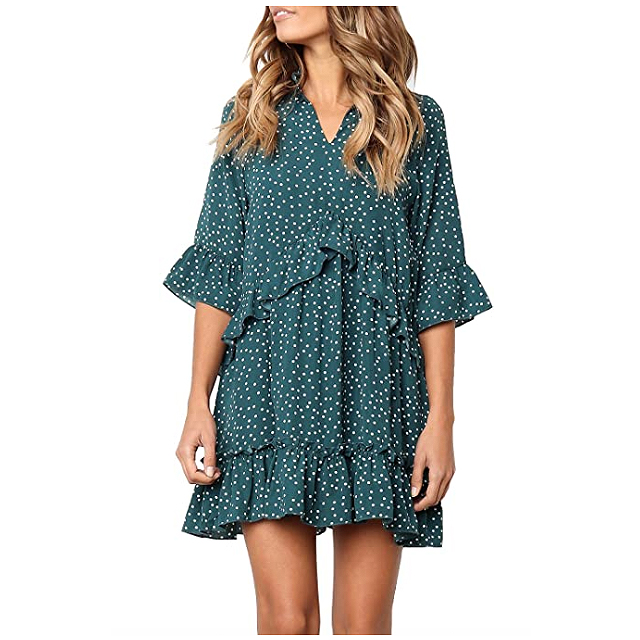 MITILLY Women's V Neck Ruffle Polka Dot Loose Swing Dress