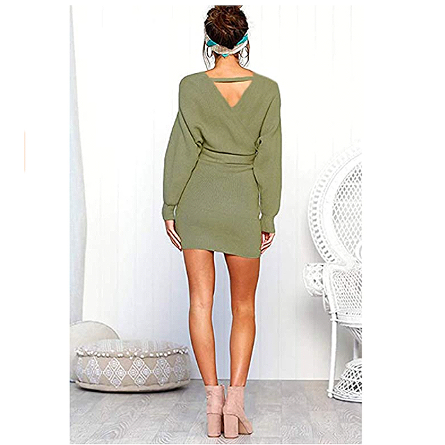 Mansy Women's Sexy Cocktail Batwing Long Sleeve Backless Knit Sweater Mini Dress (Green)