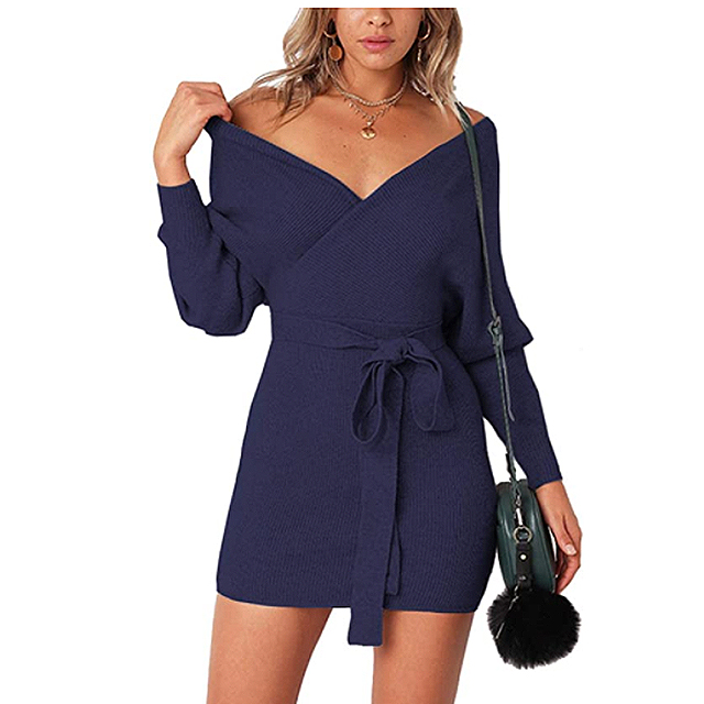 Mansy Women's Sexy Cocktail Batwing Long Sleeve Backless Knit Sweater Mini Dress (Navy Blue)