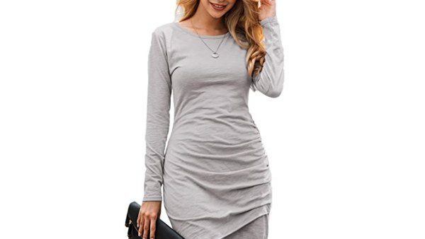 NSQTBA Womens Dresses Long Sleeve Round Neck Casual Bodycon Mini Dress