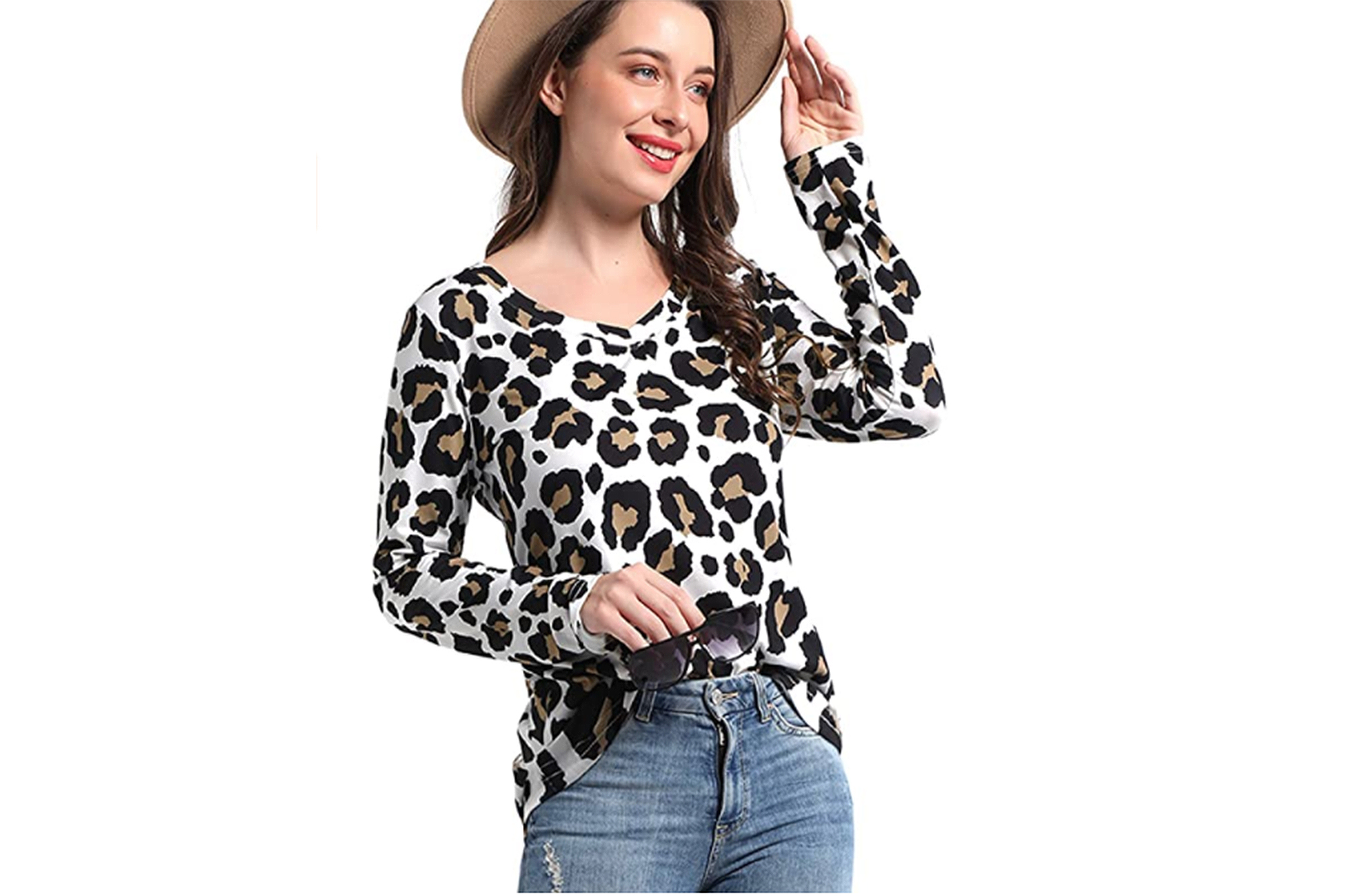 OUGES Women's Basic V Neck Print T Shirt Casual Top