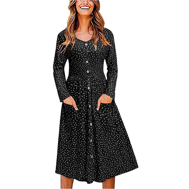 OUGES Women's V Neck Button Down Skater Dress with Pockets