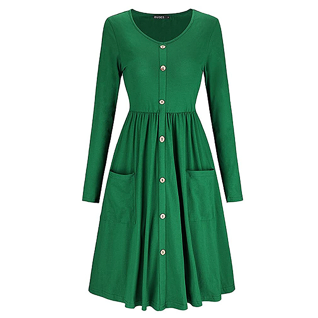 OUGES Women's V Neck Button Down Skater Dress with Pockets (Green)