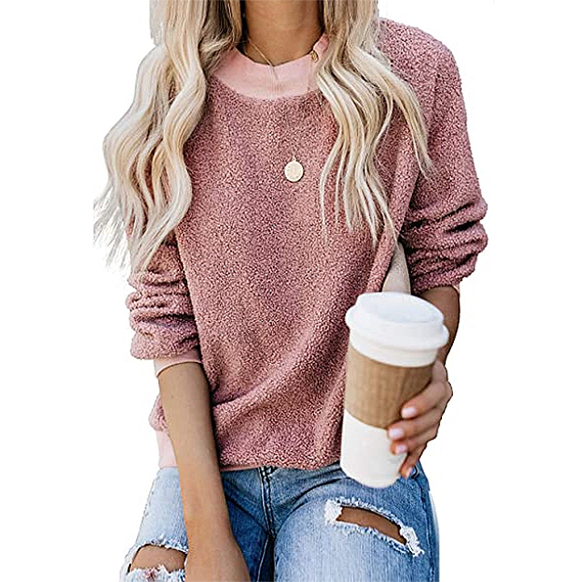 PRETTYGARDEN Women's Casual Long Sleeve Round Neck Solid Color Sherpa Pullover