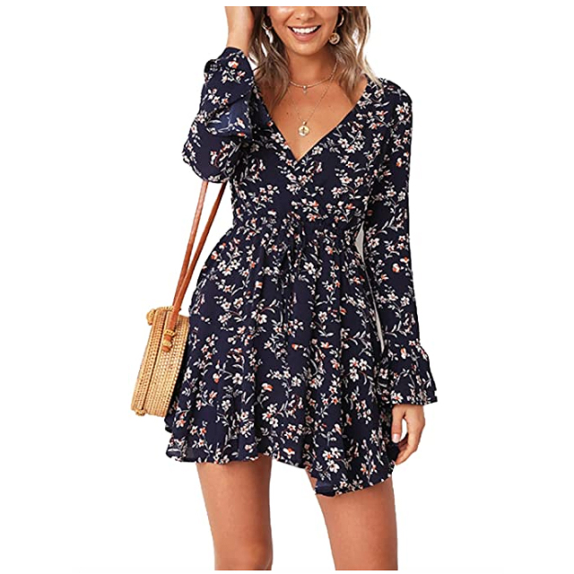 Relipop Women's Dress Floral Printed V-Neck Long Sleeve Ruffle Hem Dress