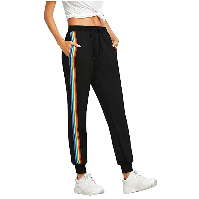 SweatyRocks Women's Drawstring Waist Striped Side Jogger Sweatpants (Black)
