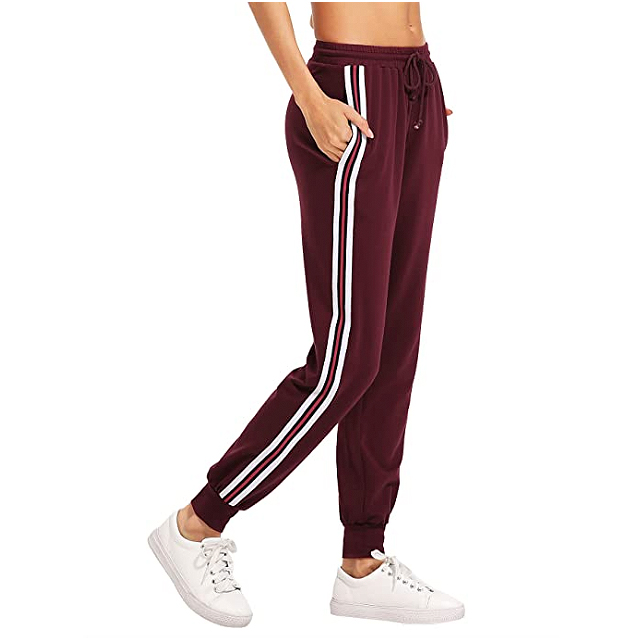SweatyRocks Women's Drawstring Waist Striped Side Jogger Sweatpants (Burgundy)