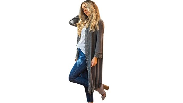 Tickled Teal Women's 3/4 Sleeve Lace Trim Casual Wrap Cardigan Coverup Outerwear Sweater