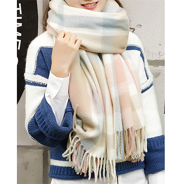 YSense Women's Long Plaid Blanket Chunky Oversized Winter-Fall Warm Scarf (Pink Blue)