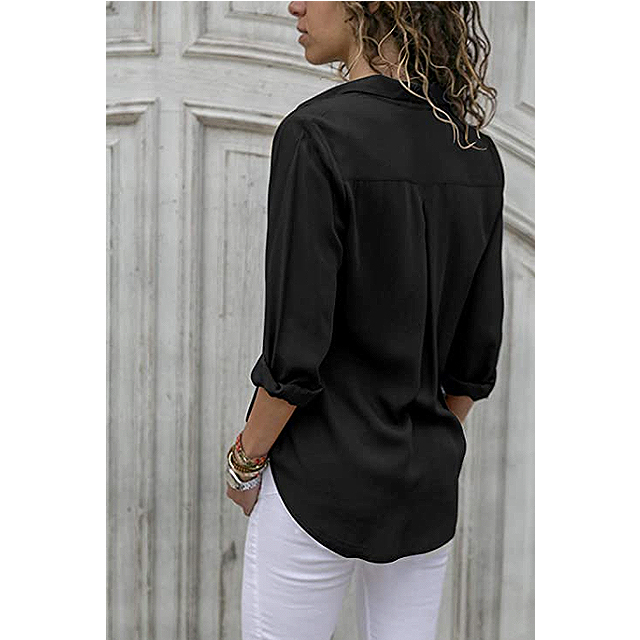 Yidarton Women's Long Sleeve V Neck Chiffon Blouse (Black)