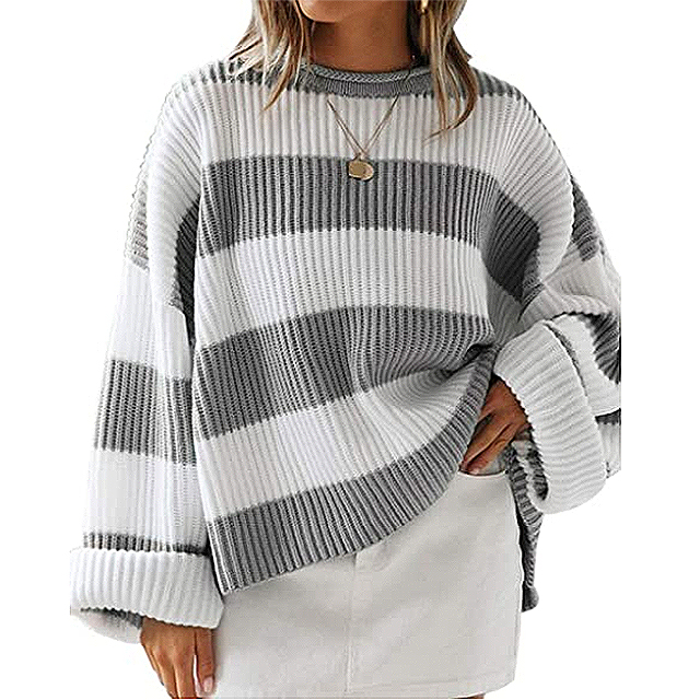 ZESICA Womens Long Sleeve Rainbow Striped Color Block Knitted Casual Loose Oversized Pullover Sweater Shirt Tops