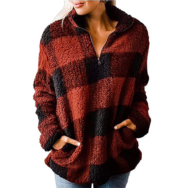 ZESICA Women's Plaid Long Sleeve Zipper Sherpa Fleece Sweatshirt