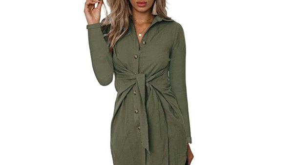 ZESICA Women's V Neck Button Down Front Tie Short Tunic Dress