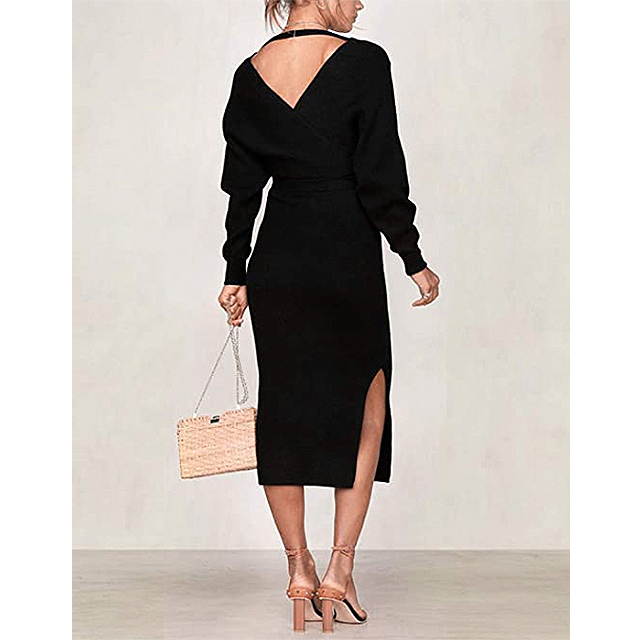ZHPUAT Women’s Sweater Long Batwing Bodycon Dress (Black)