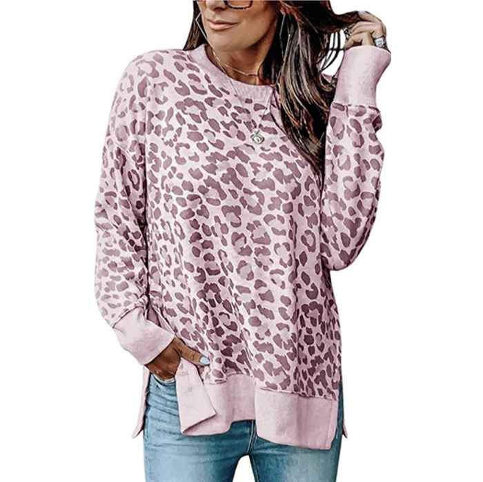 Angashion Casual Leopard Crewneck Tunic Sweatshirt Top