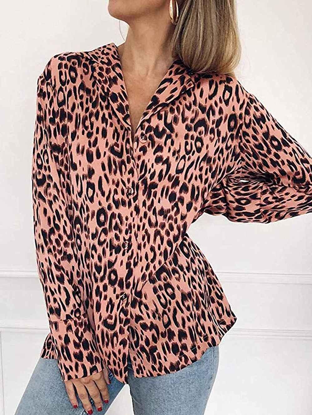 ECOWISH Leopard Long Sleeve Button Down Shirt