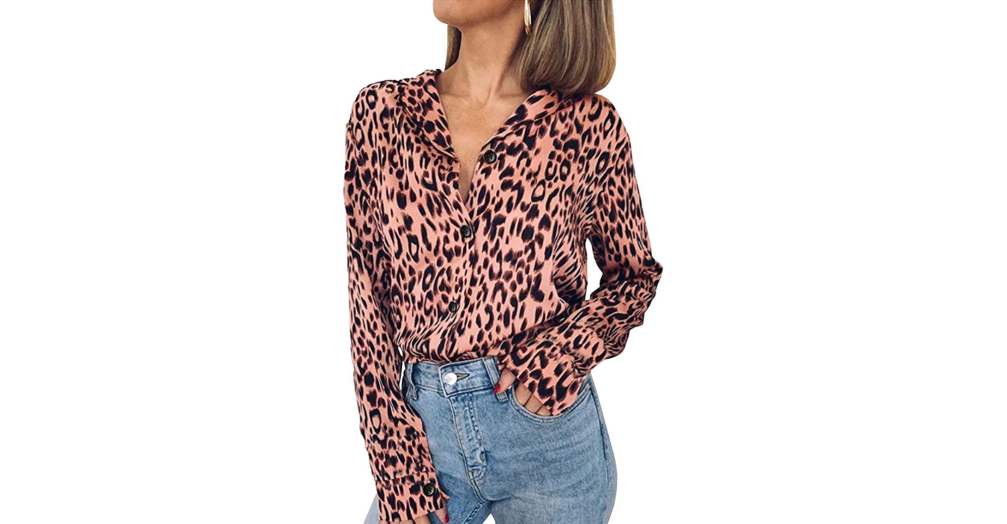 ECOWISH Leopard Long Sleeve Button Down Shirt