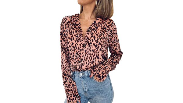 ECOWISH Leopard Long Sleeve Button Down Shirt