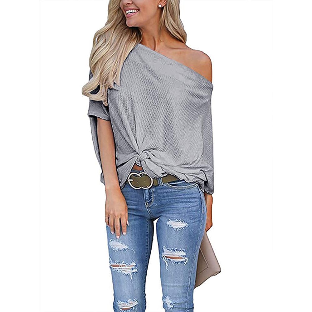 LACOZY Waffle Knit Off The Shoulder Knot Batwing Shirt