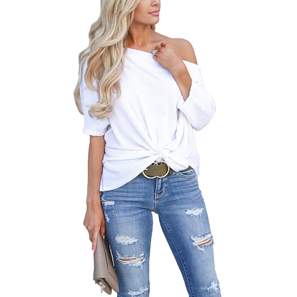 LACOZY Waffle Knit Off The Shoulder Knot Batwing Shirt