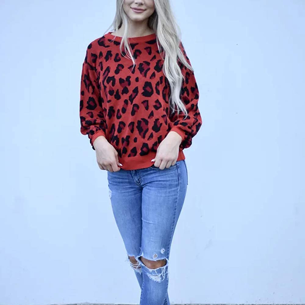 MEROKEETY Crew Neck Leopard-Print Balloon-Sleeve Pullover Sweater