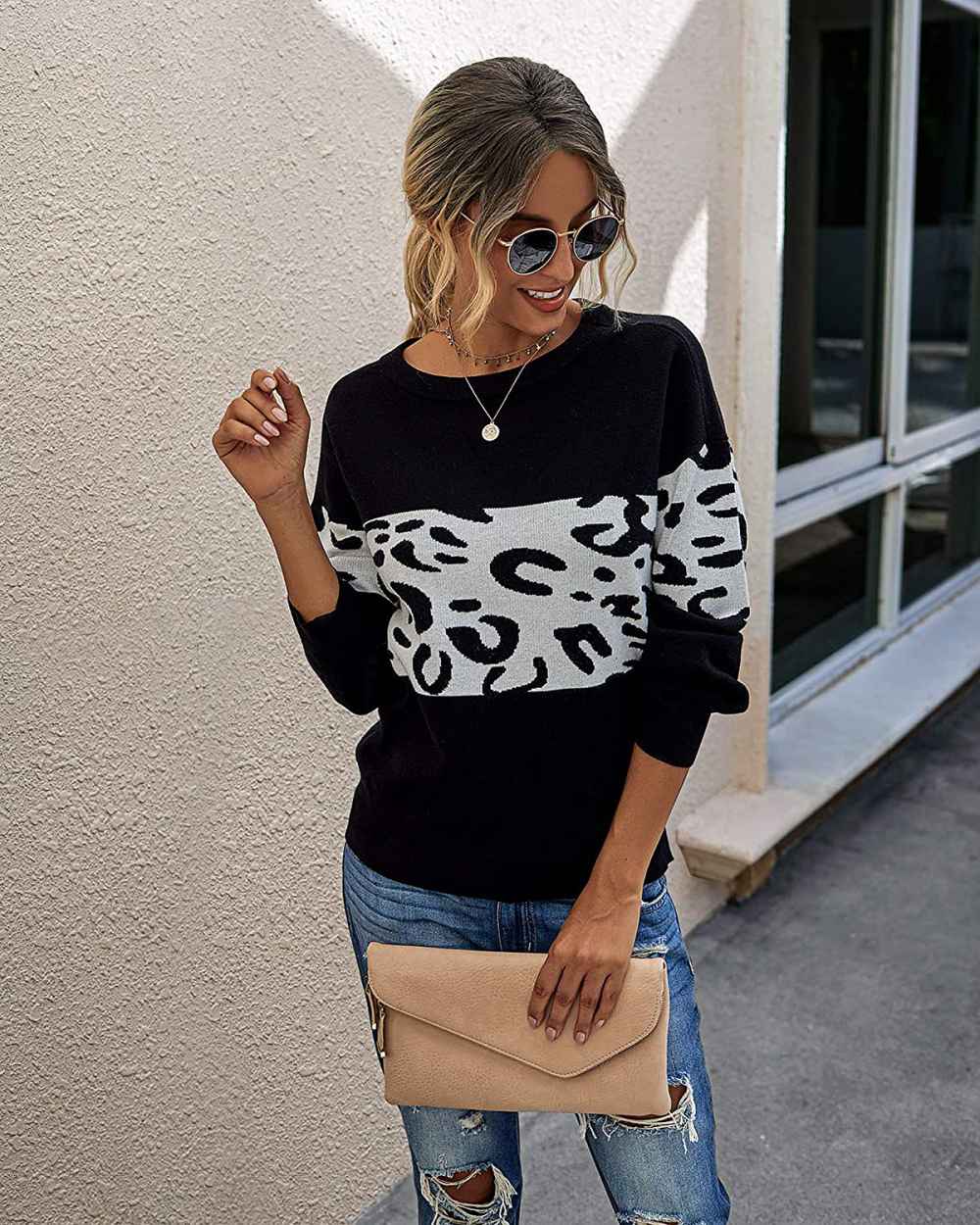 PRETTYGARDEN Long-Sleeve Leopard Print Color-Block Sweater