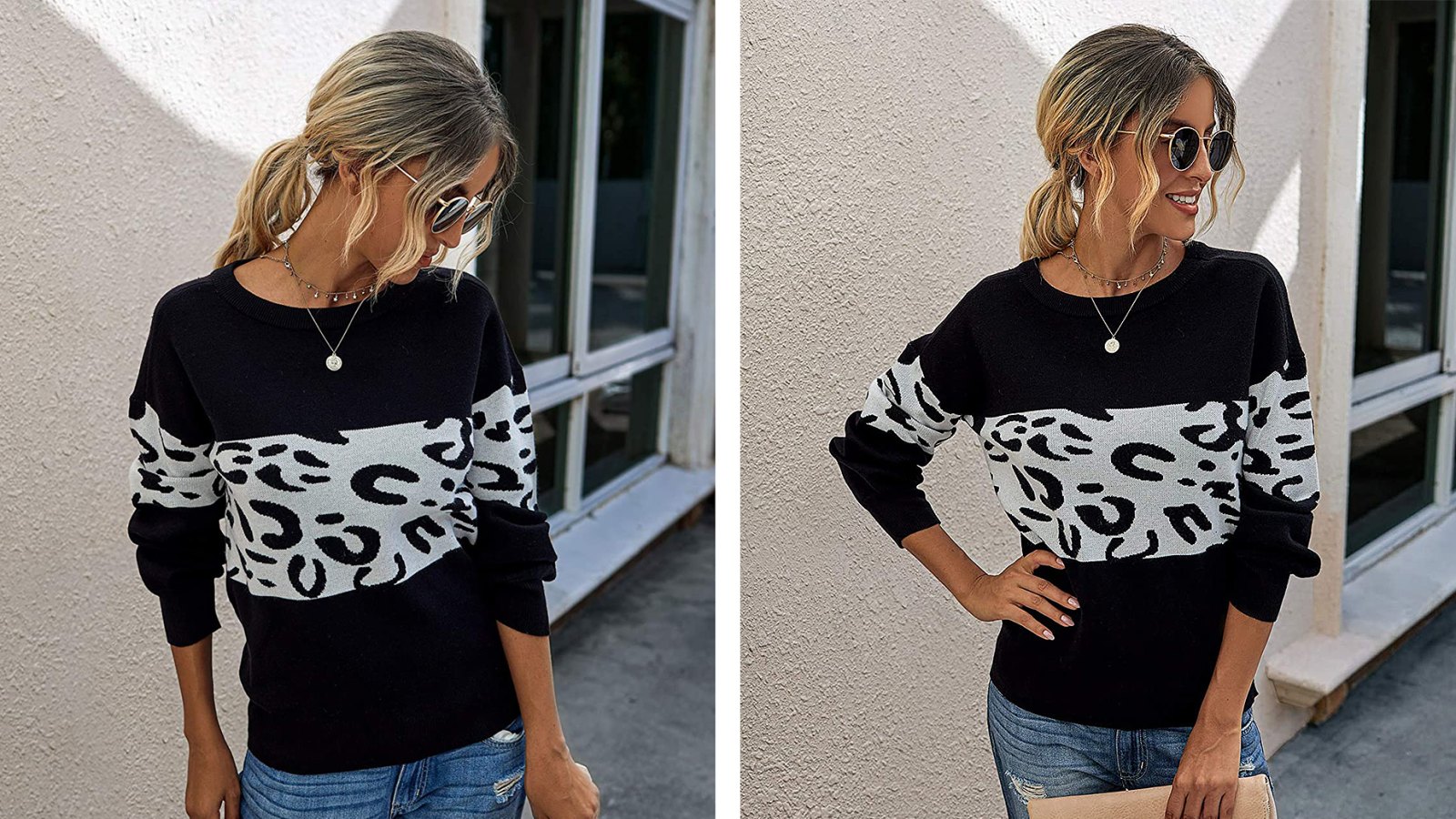 PRETTYGARDEN Long-Sleeve Leopard Print Color-Block Sweater